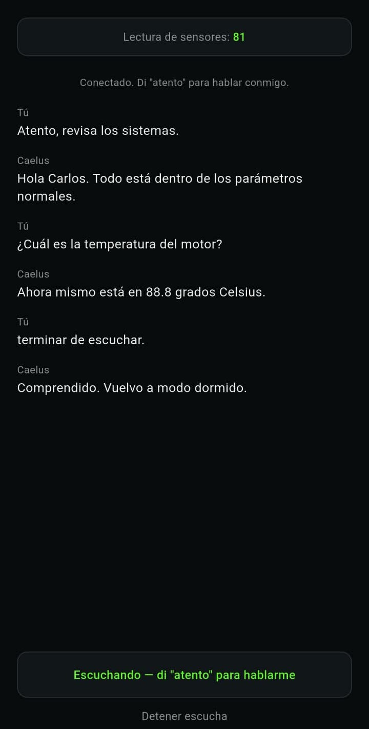 Conversación por voz con CAELUS DRIVE mostrando lectura de sensores y respuestas del asistente