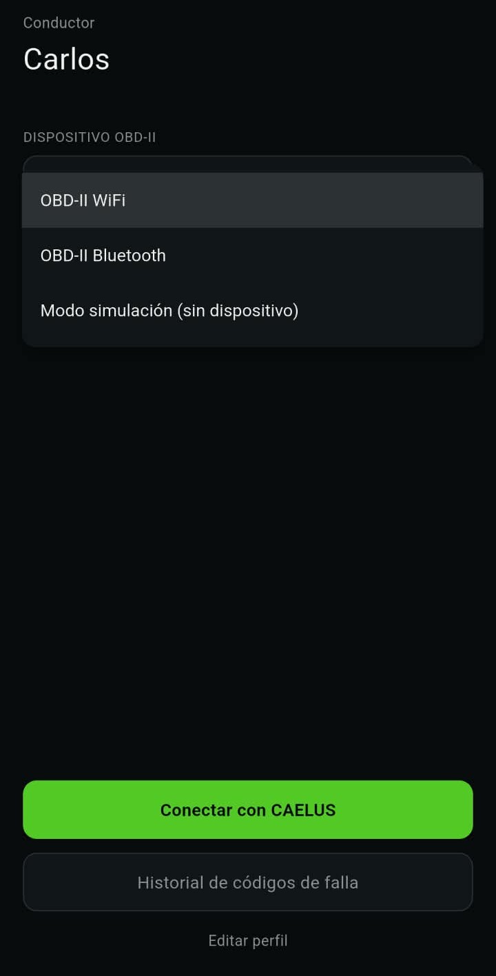 Selección de dispositivo OBD-II por WiFi o Bluetooth en CAELUS DRIVE